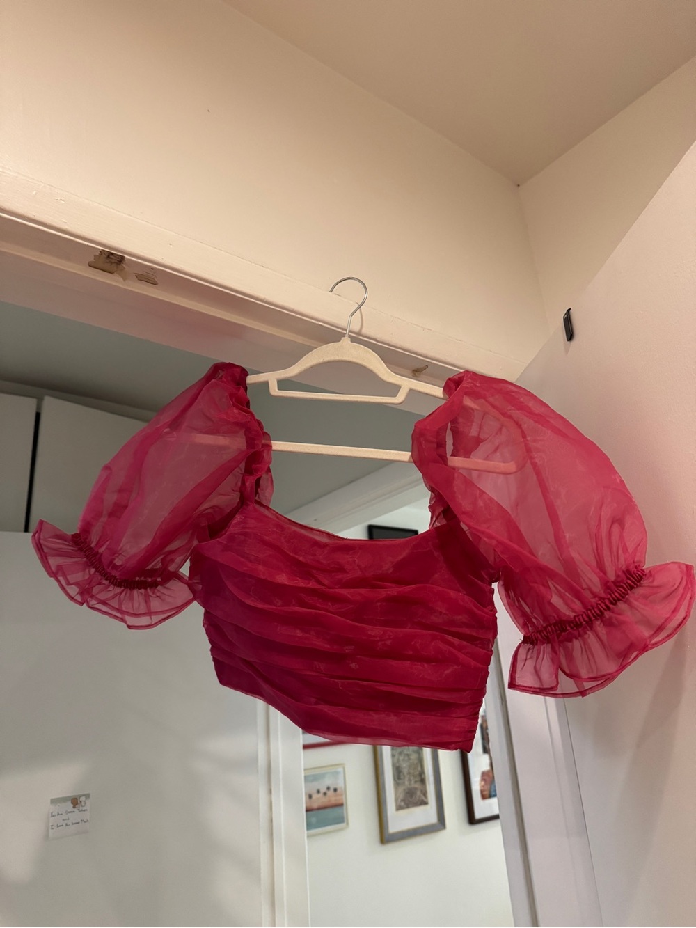 Lovers + Friends Sheer Puff-Sleeve Crop Top in Fuchsia